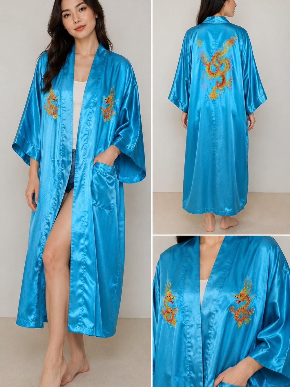 Satin Dragon Embroidered Long Kimono Robe - Turquoise Blue Color No Tie